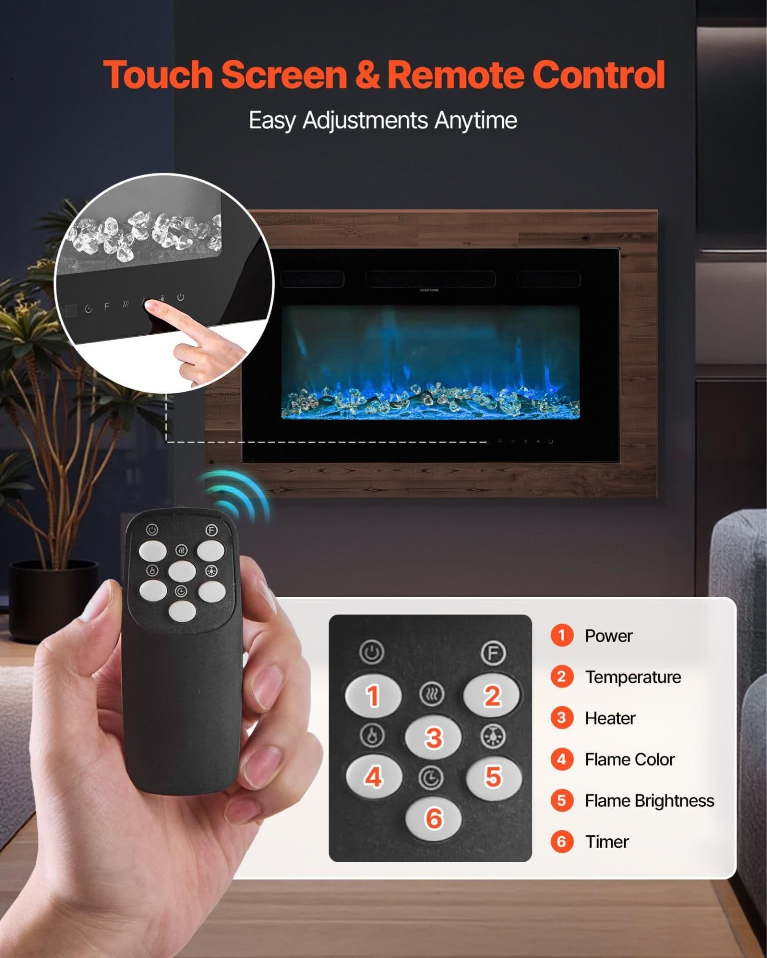 image-VEVOR 50 inch Electric Fireplace, Wall Mounted Recessed Fire Place with Remote Control, Timer, 1500W, Adjustable Flame Color Brightness, Touch Screen, Overheat Protection, for Living Room,Bedroom