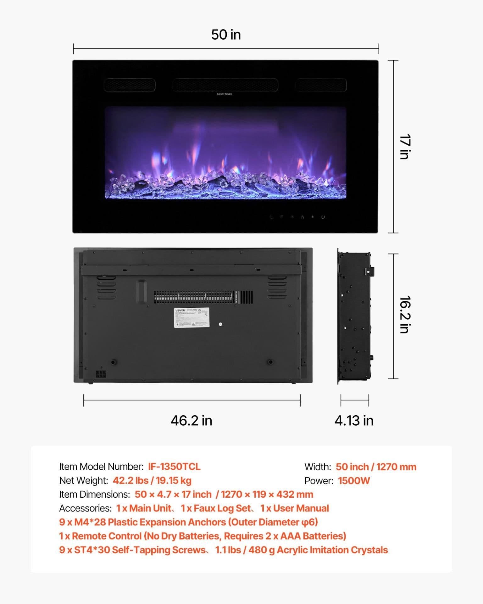image-VEVOR 50 inch Electric Fireplace, Wall Mounted Recessed Fire Place with Remote Control, Timer, 1500W, Adjustable Flame Color Brightness, Touch Screen, Overheat Protection, for Living Room,Bedroom