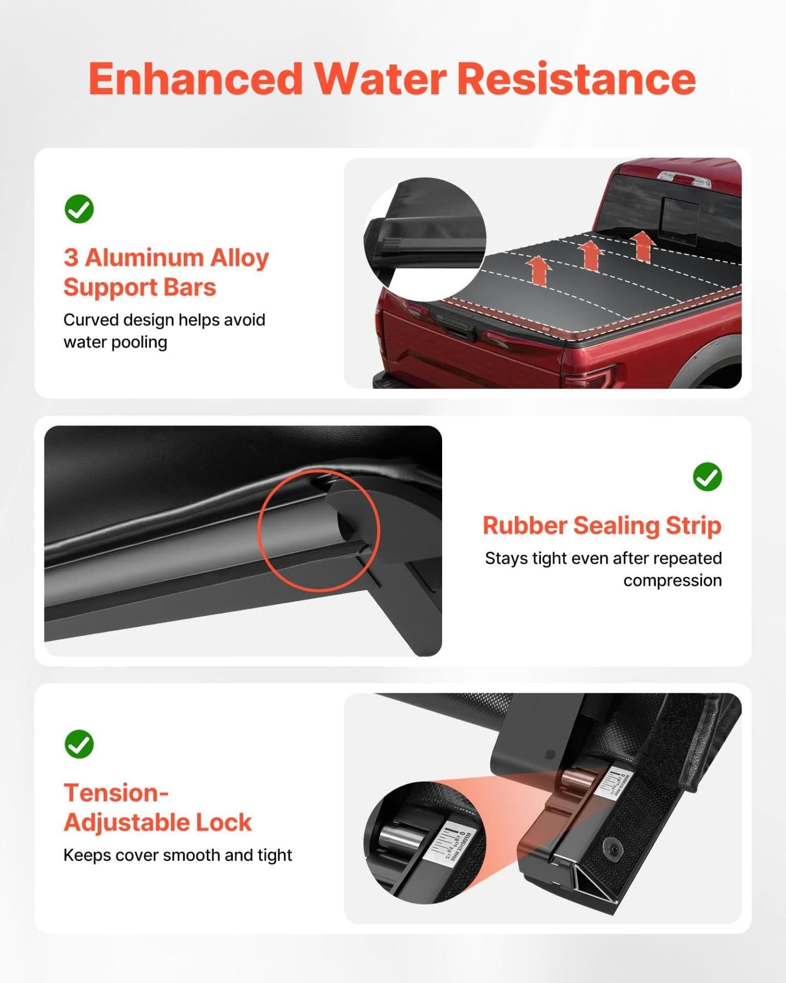 image-VEVOR Soft Roll-Up Truck Bed Tonneau Cover, Compatible with 2017-2025 Ford F-250/350/450 Super Duty, Fits 6.8 ft (6 ft 10 in/82 in) Bed, Triple-Layer PVC Tonneau Cover with Three Aluminum Alloy Bars