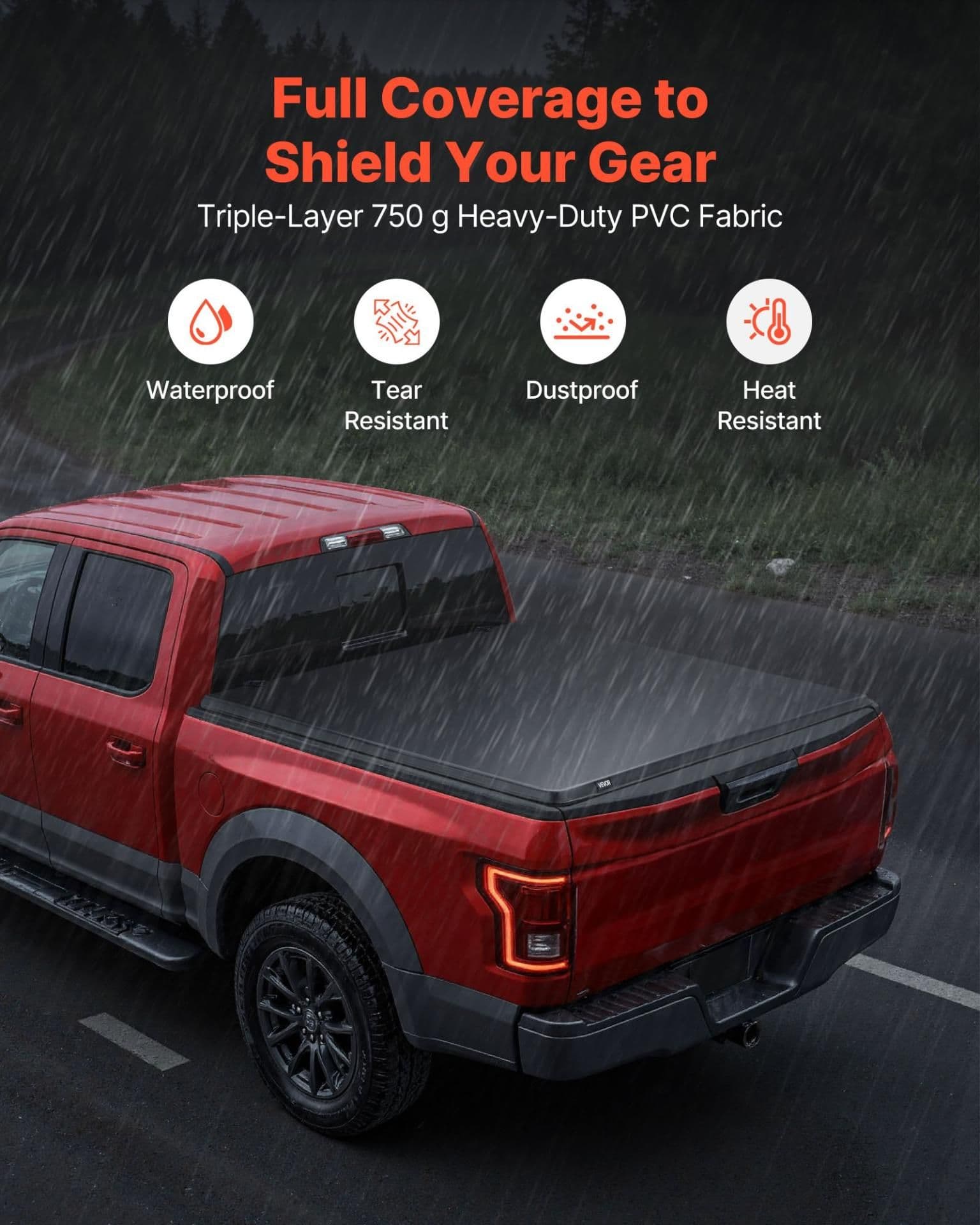 image-VEVOR Soft Roll-Up Truck Bed Tonneau Cover, Compatible with 2017-2025 Ford F-250/350/450 Super Duty, Fits 6.8 ft (6 ft 10 in/82 in) Bed, Triple-Layer PVC Tonneau Cover with Three Aluminum Alloy Bars