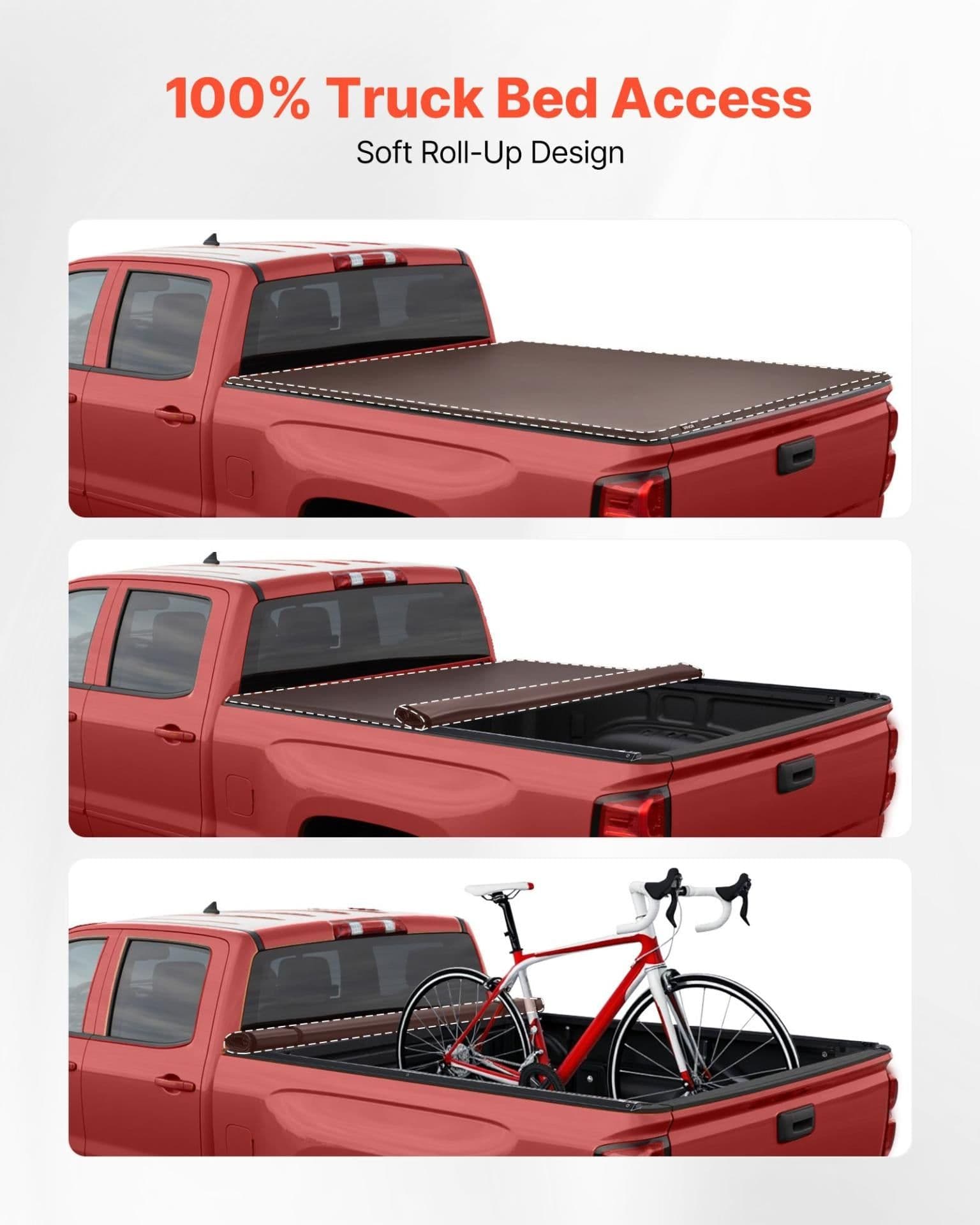 image-VEVOR Soft Roll-Up Truck Bed Tonneau Cover, Compatible with 2017-2025 Ford F-250/350/450 Super Duty, Fits 6.8 ft (6 ft 10 in/82 in) Bed, Triple-Layer PVC Tonneau Cover with Three Aluminum Alloy Bars