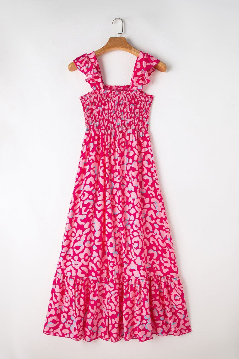 image-Pink Leopard Ruffle Straps Smocked High Waist Long Dress