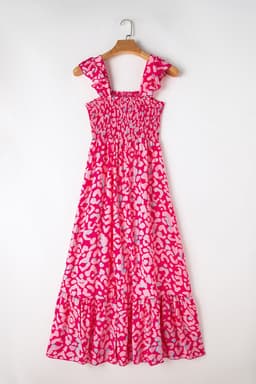 image-Pink Leopard Ruffle Straps Smocked High Waist Long Dress