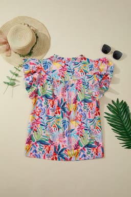 image-Pink Tropical Floral Blouse - Frilly Notched Neck