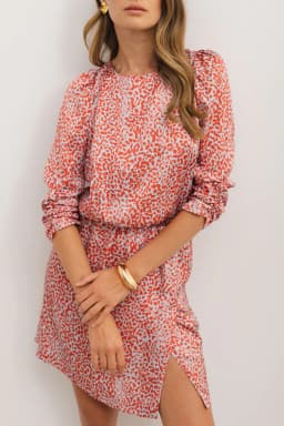 image-Leopard Print Long Sleeve Hollowed Back Mini Dress - Tomato Red