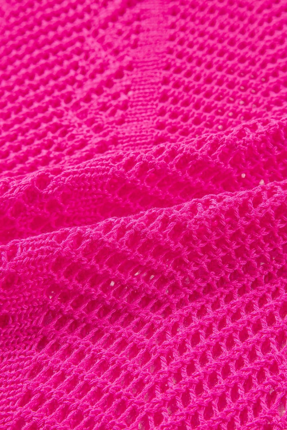 image-Rose Red Pointelle Knit Top - Short Sleeve, Scallop Edge, Delicate Design