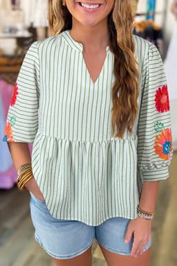 image-Green Stripe Floral Puff Sleeve V-Neck Babydoll Blouse