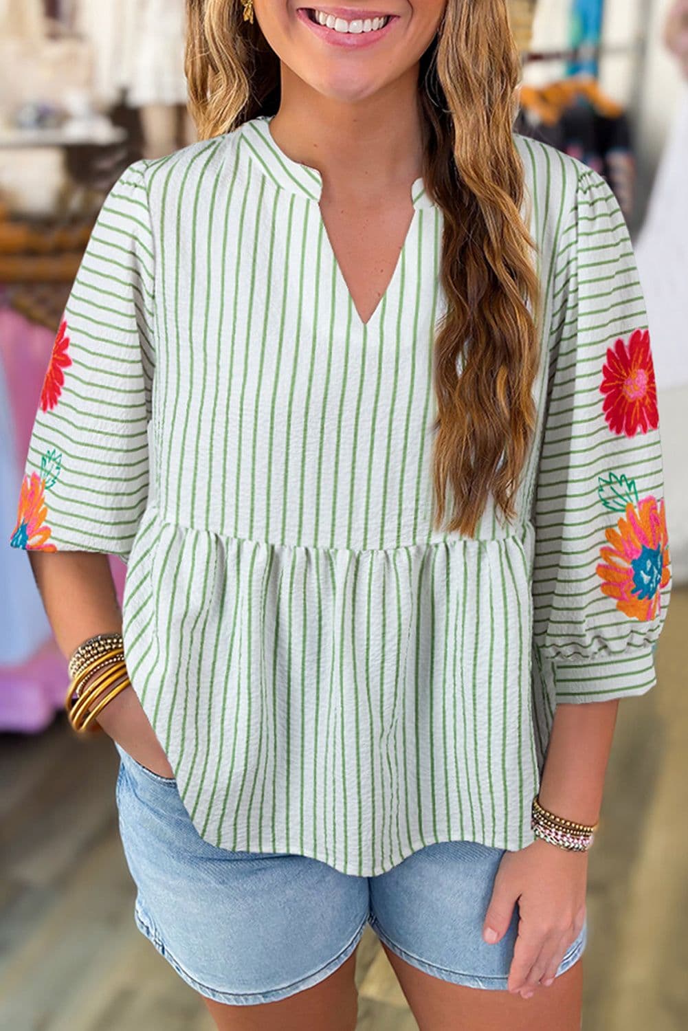 image-Green Stripe Floral Puff Sleeve V-Neck Babydoll Blouse