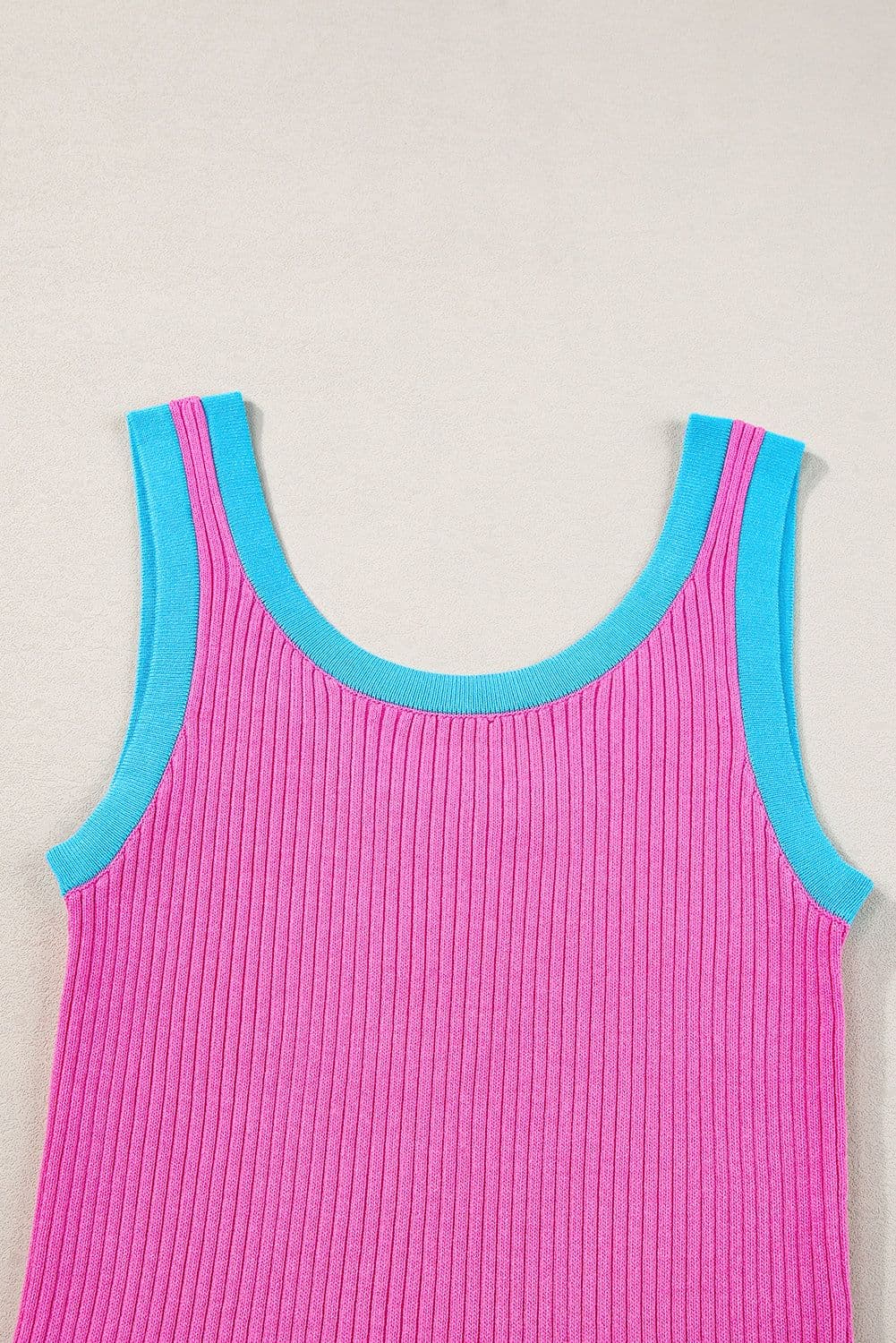 image-Pink Colorblock Edge Ribbed Knit U Neck Tank Top