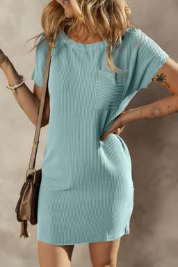 image-Blue Striped Ribbed Knit T-Shirt Shift Dress, Size Chart, Loose Fit, Fashionable Patch Pocket