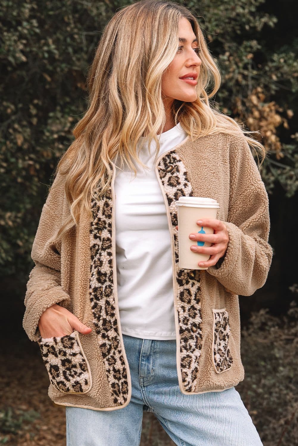 image-Casual Leopard Print Accent Plush Jacket with Pockets