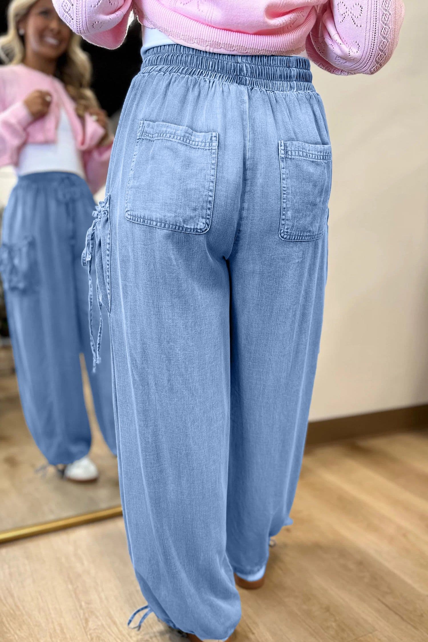 image-Beau Blue Drawstring Elastic Waist Pocketed Loose Denim Pants