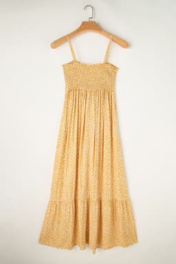 image-Yellow Frilly Smocked High Waist Floral Maxi Dress