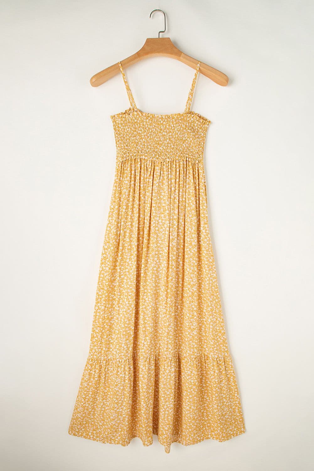 image-Yellow Frilly Smocked High Waist Floral Maxi Dress