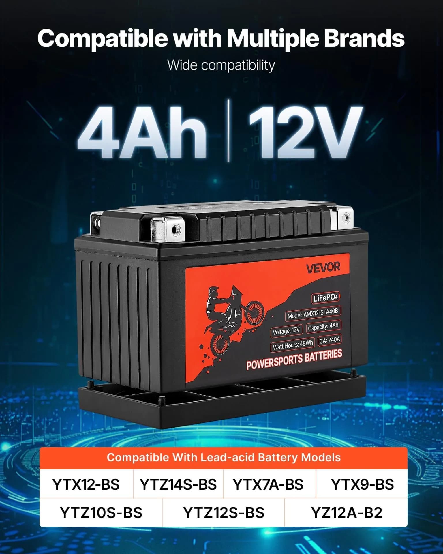 image-VEVOR Motorcycle Battery, 12 Volt 4Ah, LiFePO4 Lithium Pre-Charged Powersports Battery, Maintenance Free & High Performance, Compatible with ATV, Motorcycle, Jet Skis, Scooter, UTV, and More