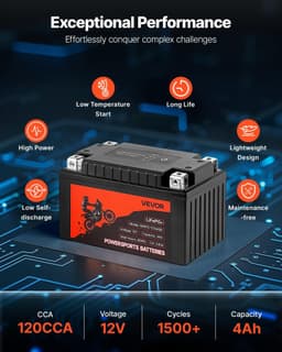 image-VEVOR Motorcycle Battery, 12 Volt 4Ah, LiFePO4 Lithium Pre-Charged Powersports Battery, Maintenance Free & High Performance, Compatible with ATV, Motorcycle, Jet Skis, Scooter, UTV, and More
