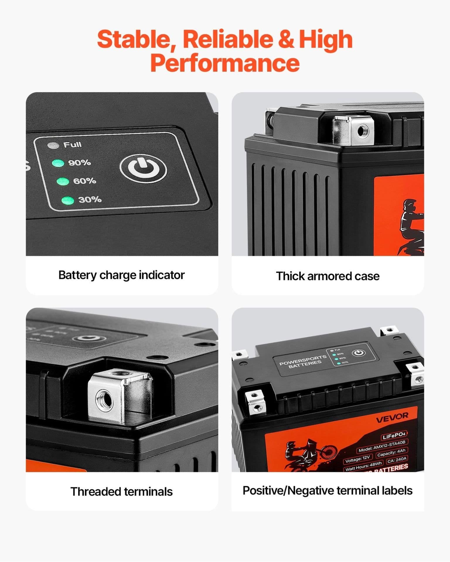 image-VEVOR Motorcycle Battery, 12 Volt 4Ah, LiFePO4 Lithium Pre-Charged Powersports Battery, Maintenance Free & High Performance, Compatible with ATV, Motorcycle, Jet Skis, Scooter, UTV, and More