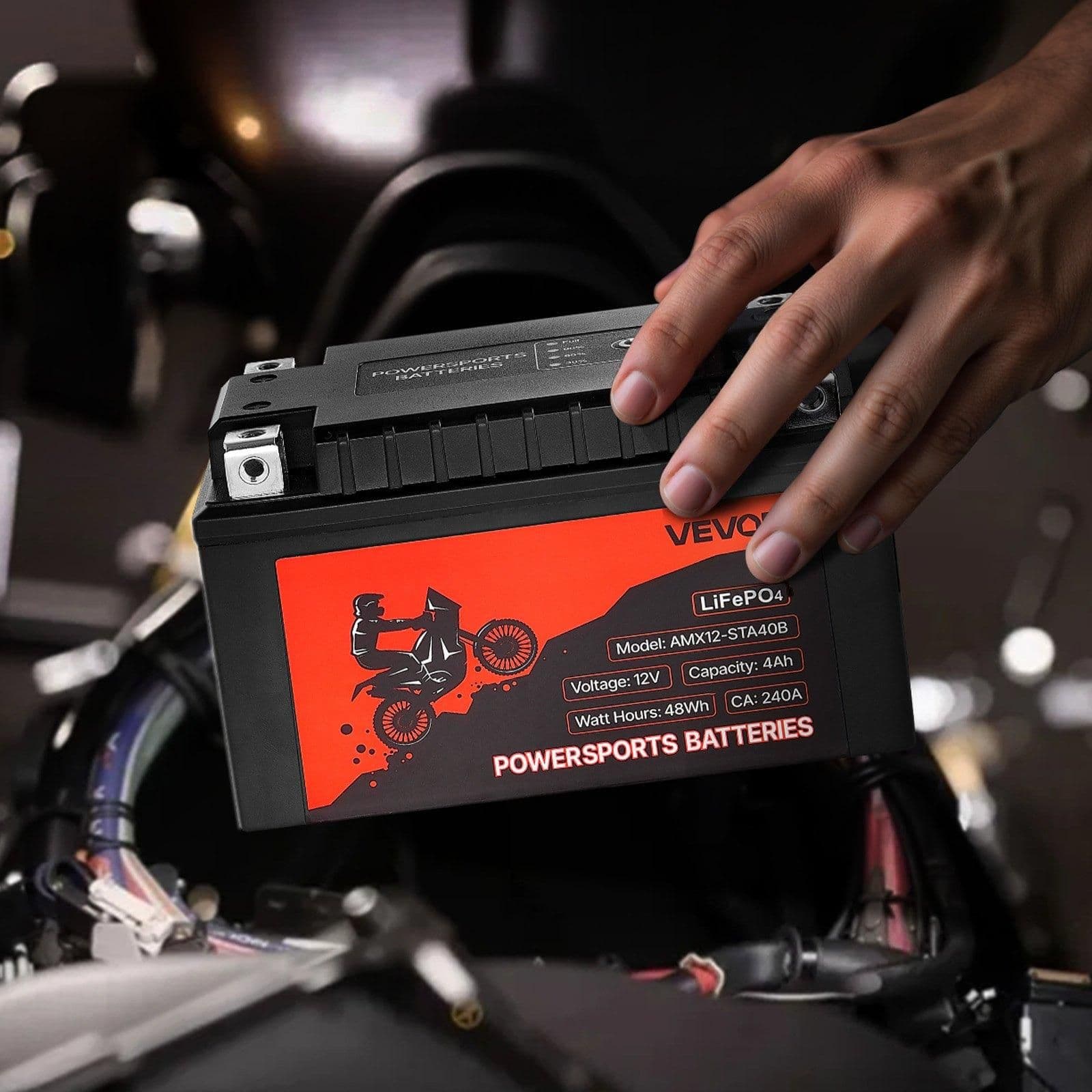 image-VEVOR Motorcycle Battery, 12 Volt 4Ah, LiFePO4 Lithium Pre-Charged Powersports Battery, Maintenance Free & High Performance, Compatible with ATV, Motorcycle, Jet Skis, Scooter, UTV, and More