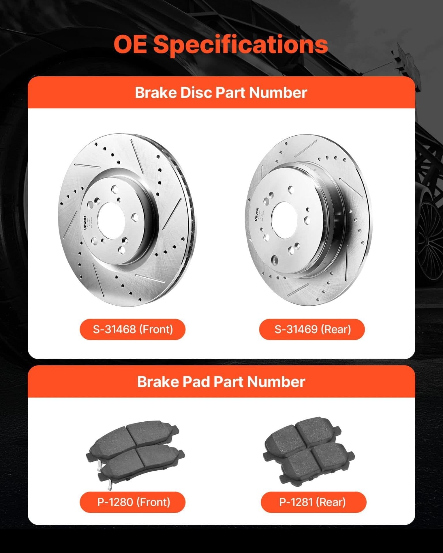 image-VEVOR Front and Rear Brake Kit Compatible with 2007-2013 Acura MDX, 2010-2013 Acura ZDX, 2009-2014 Honda Pilot, Drilled and Slotted Brake Rotors Ceramic Brake Pads Replacement Kit, 13 in (Front)