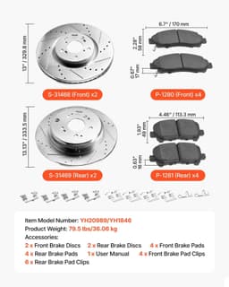 image-VEVOR Front and Rear Brake Kit Compatible with 2007-2013 Acura MDX, 2010-2013 Acura ZDX, 2009-2014 Honda Pilot, Drilled and Slotted Brake Rotors Ceramic Brake Pads Replacement Kit, 13 in (Front)