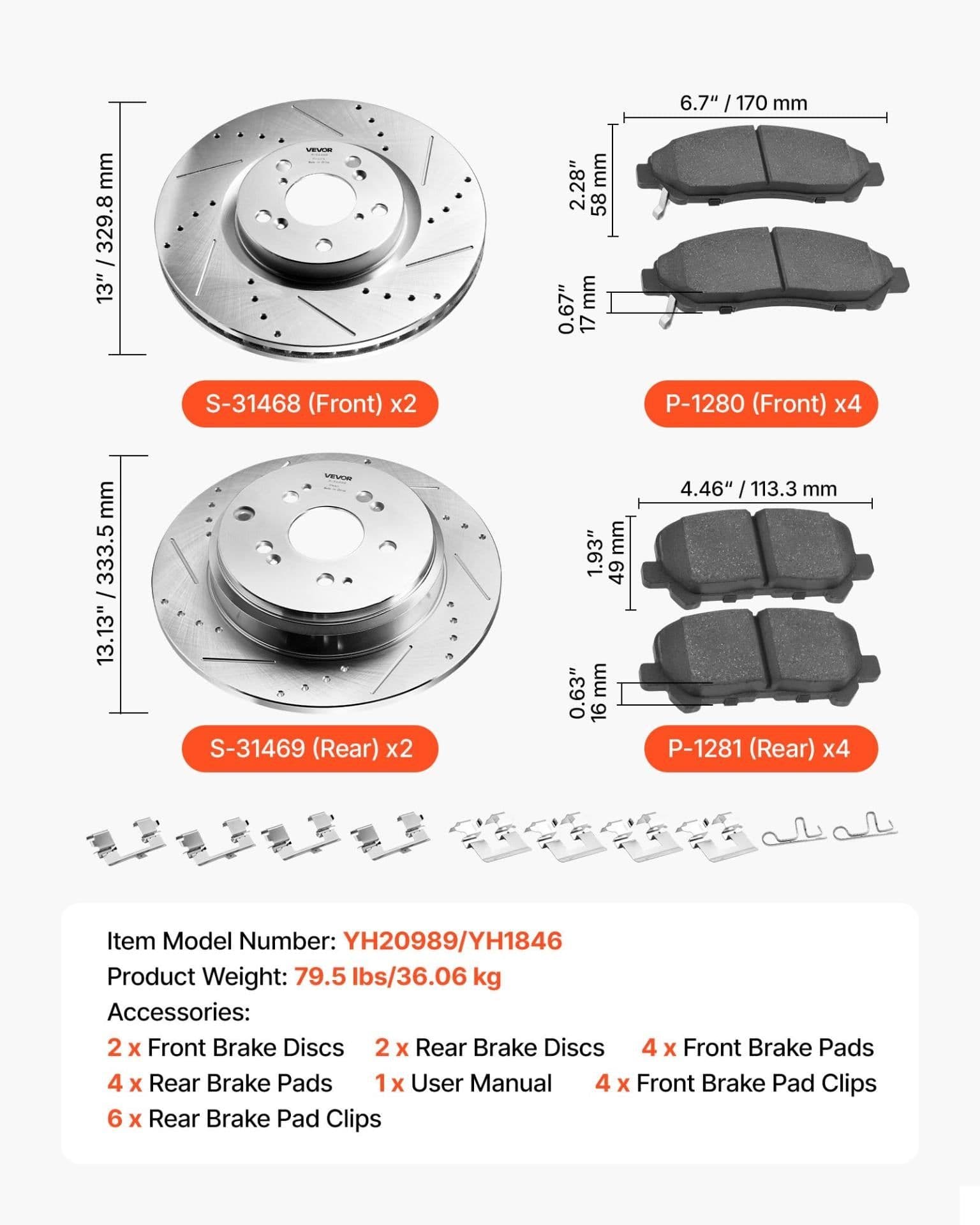 image-VEVOR Front and Rear Brake Kit Compatible with 2007-2013 Acura MDX, 2010-2013 Acura ZDX, 2009-2014 Honda Pilot, Drilled and Slotted Brake Rotors Ceramic Brake Pads Replacement Kit, 13 in (Front)