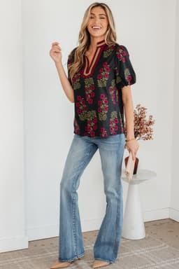 image-White Floral Blouse - Short Puff Sleeve Contrast