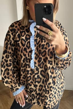 image-Brown Wild Leopard Print Contrast Striped Frilled Trim Chic Shirt