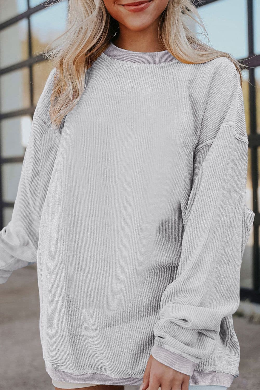 image-Strawberry Pink Ribbed Corded Oversized Sweatshirt