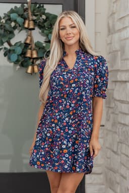 image-Blue Wild Daisy Floral Split Neck Short Puff Sleeve Mini Dress