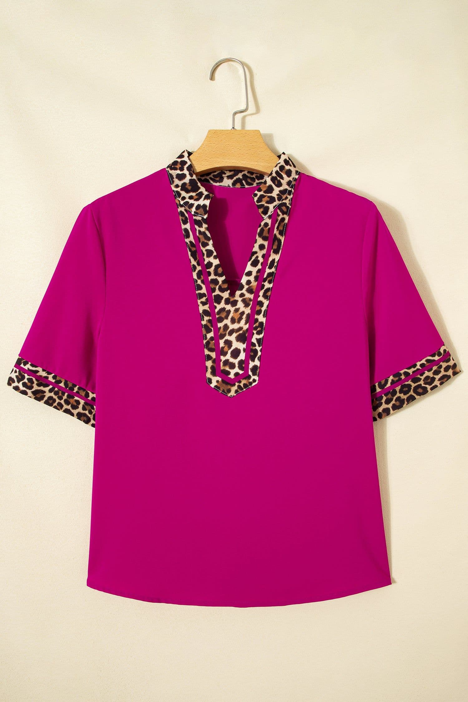 image-Violet Leopard Patchwork Split Neck Blouse