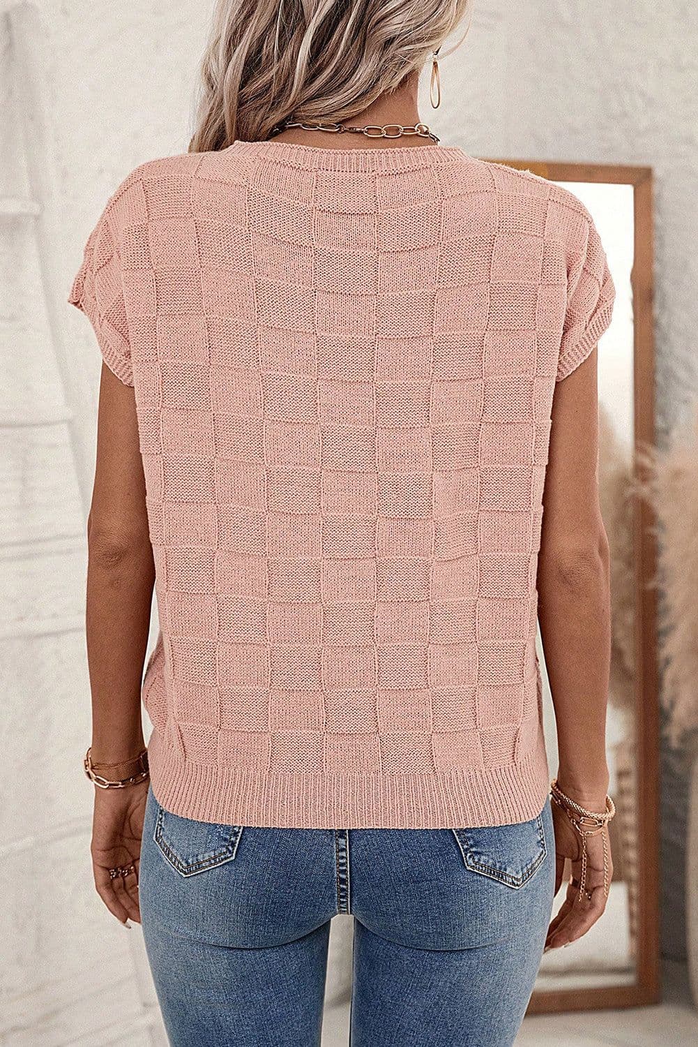 image-Pink Lattice Textured Knit Short Sleeve Sweater - Sizes S-3XL