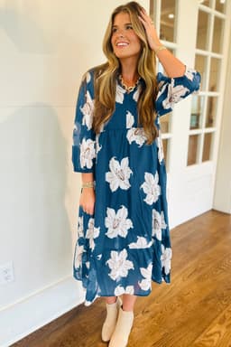 image-Blue Floral Print Shirt Collar V Neck 3/4 Sleeve Shift Midi Dress