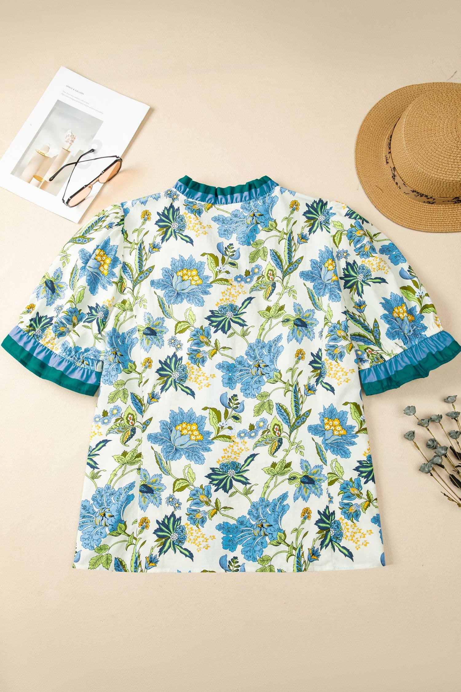 image-Sky Blue Plus Size Frilled V Neck Short Sleeve Floral Blouse