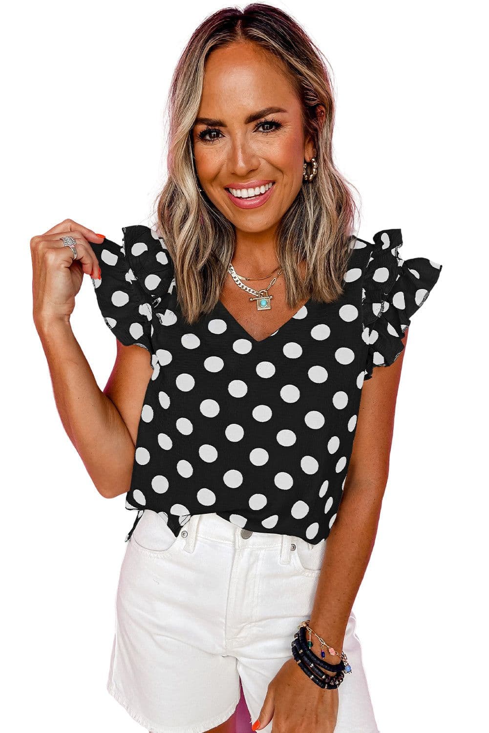 image-Polka Dot Ruffled Sleeve V-Neck Blouse - White