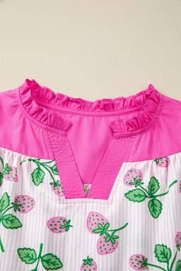 image-Pink Striped Strawberry Blouse - V Neck Flutter Sleeve