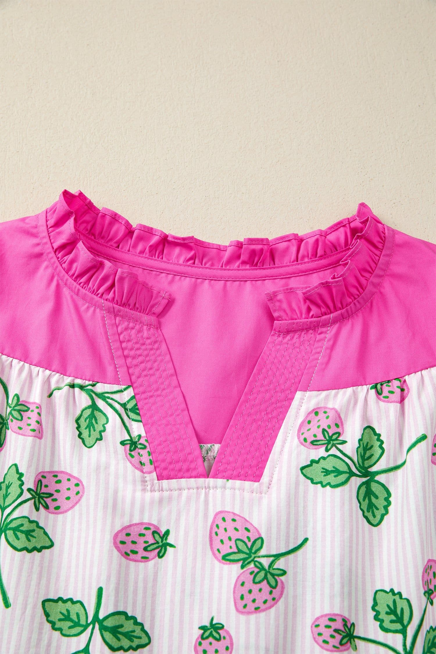 image-Pink Striped Strawberry Blouse - V Neck Flutter Sleeve
