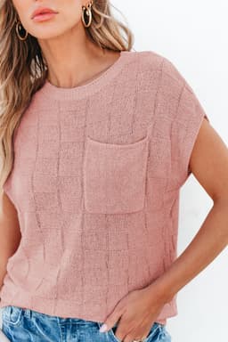 image-Pink Lattice Textured Knit Short Sleeve Sweater - Sizes S-3XL