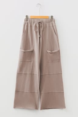 image-Smoke Gray Mineral Wash Exposed Seam Drawstring Elastic Waistband Wide Leg Cargo Pants