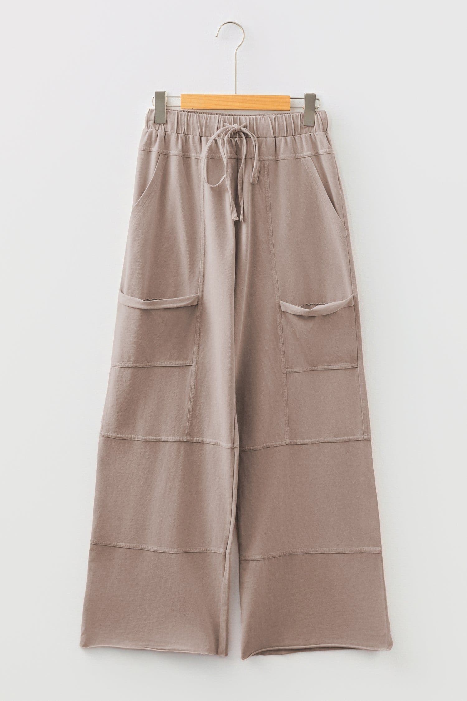 image-Smoke Gray Mineral Wash Exposed Seam Drawstring Elastic Waistband Wide Leg Cargo Pants