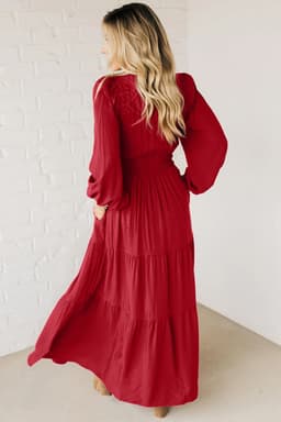 image-Racing Red Contrast Embroidered Detail Cinched Waist Tiered Long Sleeve Maxi Dress