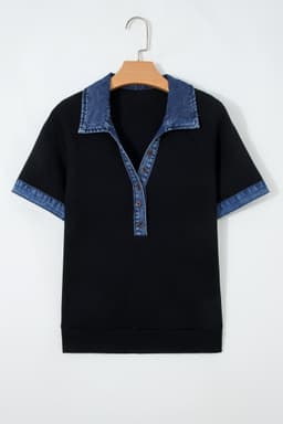 image-Black Waffle Knit Polo Top - Denim Contrast