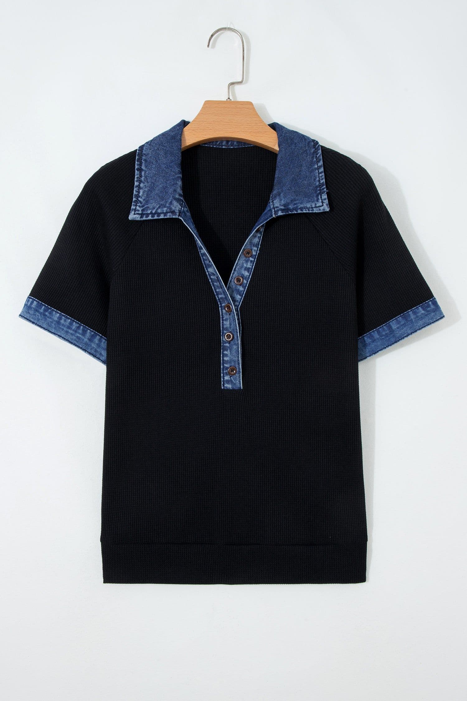 image-Black Waffle Knit Polo Top - Denim Contrast