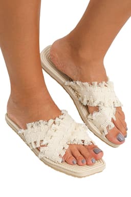 image-Woven Tassel Flat Slippers - Beige Crossed Straps