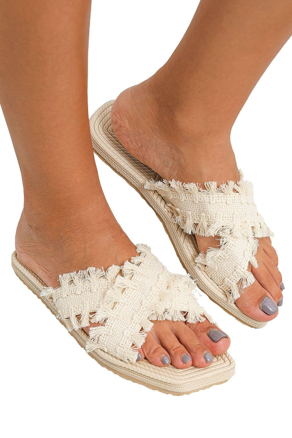 image-Woven Tassel Flat Slippers - Beige Crossed Straps