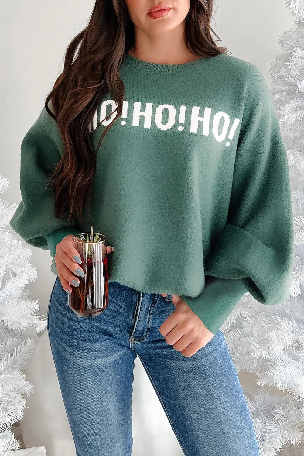 image-Blackish Green HO HO HO MERRY CHRISTMAS Drop Shoulder Loose Sweater