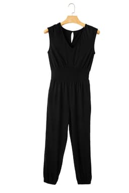 image-High Waist Shirred V Neck Jumpsuit - Sleeveless Sexy Design