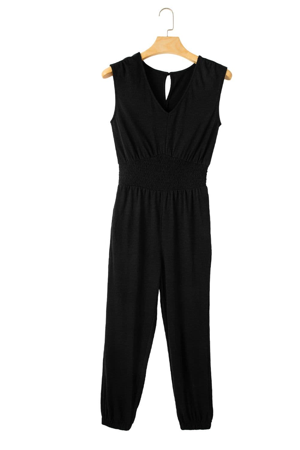 image-High Waist Shirred V Neck Jumpsuit - Sleeveless Sexy Design