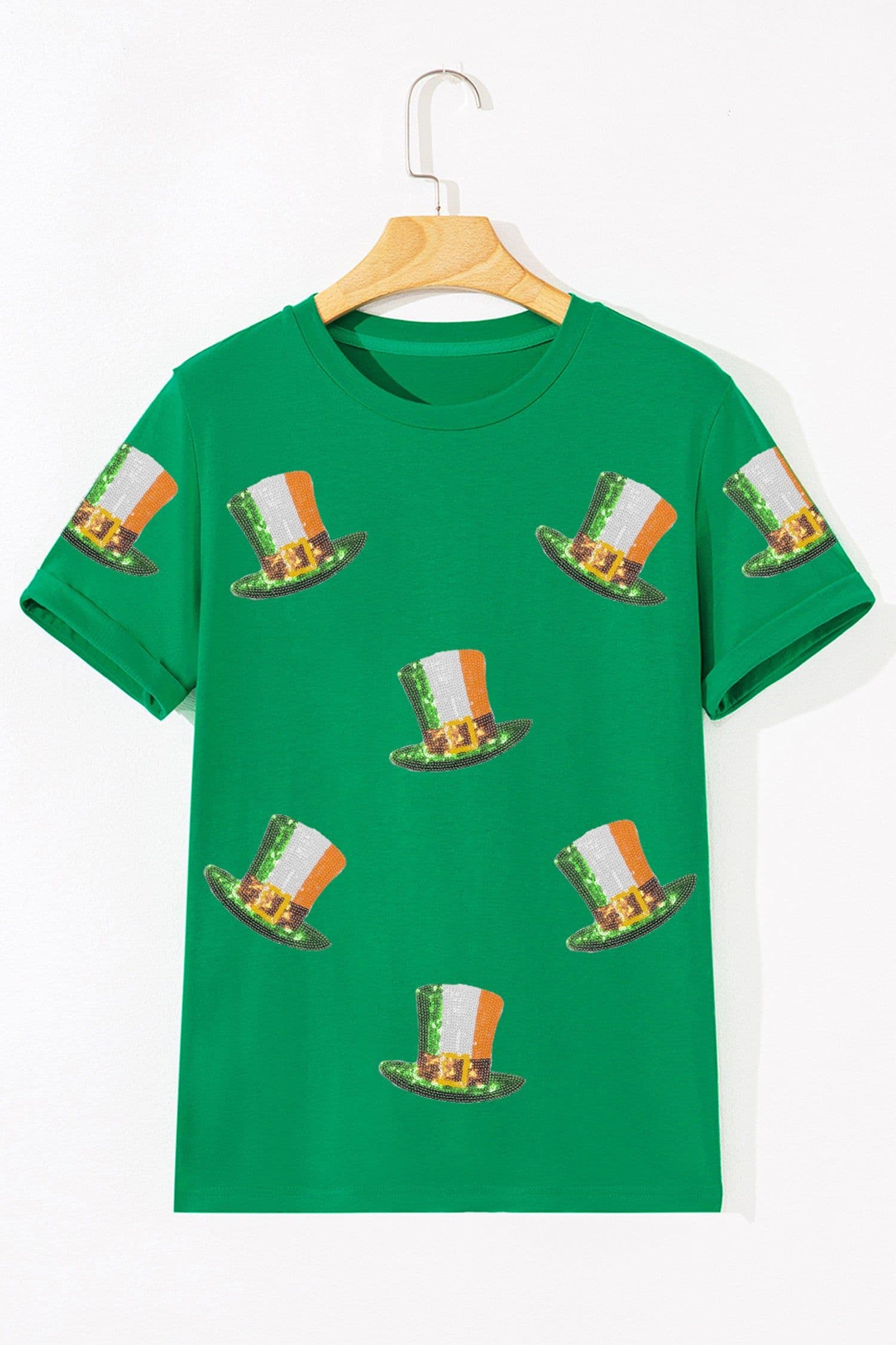 image-Bright Green Sequin St Patricks Day Hat Relaxed T Shirt