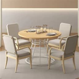image-Natural 47" Round Dining Table , Family-Sized for 4-6 People, Hourglass Metal Base & Curved Tabletop