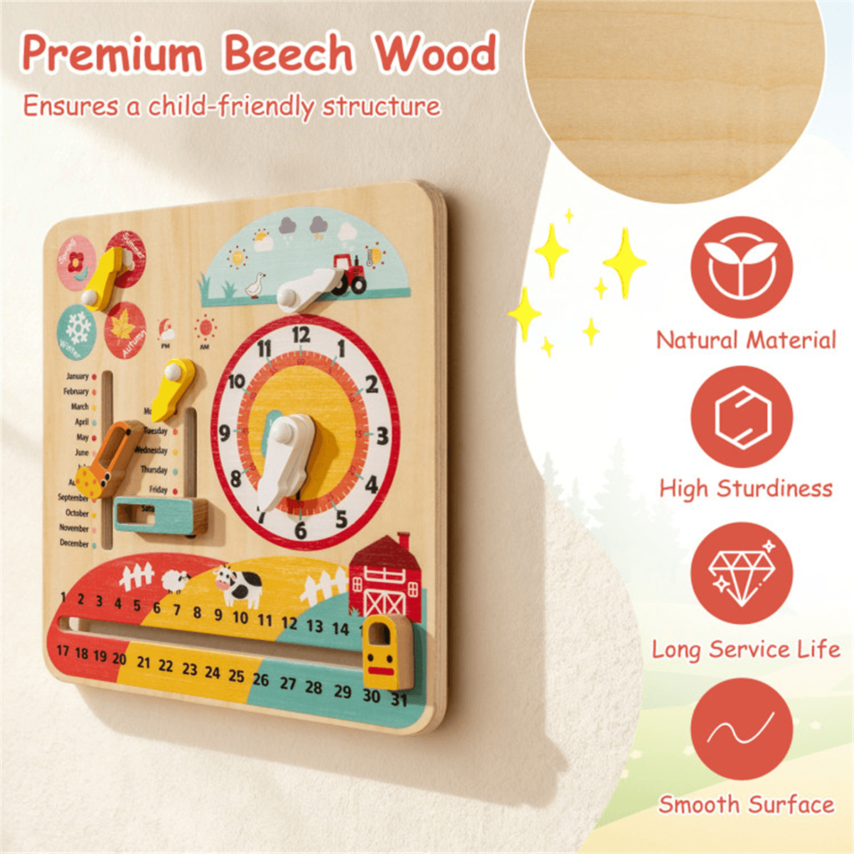 image-Montessori Wooden Clock for Kids 3+, Calendar, Weather, Educational Toy - Multi-Color